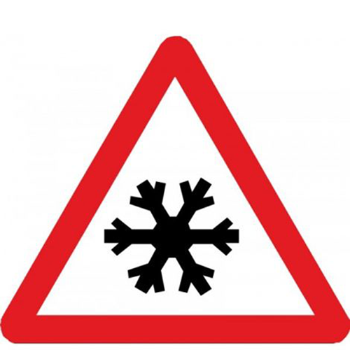 Señal vertical de advertencia de peligro por proximidad de pavimento deslizante por hielo o nieve